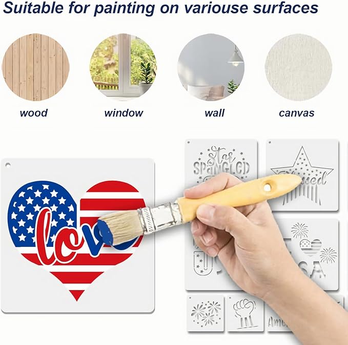 Patriotic Stencils for Painting, 28PCS Independence Day Templates Multi-Size Set (8x8, 6x6, 3x3) Clear PET Plastic with American Flag Patterns for Home Decor, Party Decorations and DIY Crafts