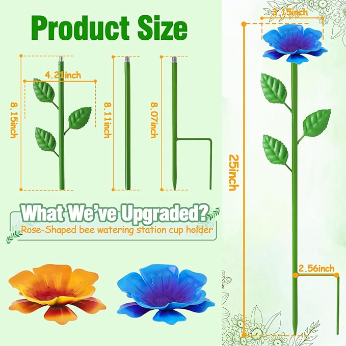 2 Pack Bee Watering Station, Metal Bee Water Station with Flower Design Colorful Butterfly Bath Bowl Drinking Feeder Cups for Outdoor Garden Yard Decor (Blue,Yellow)