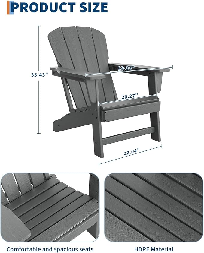 Modern HDPE Plastic Adirondack Chair - Oversize 380 LB Poly Lumber Weather Resistant Firepit Chair - Outdoor Patio Chairs with Wooden Textured for Garden, Backyard, Lawn, Deck, Pool, Porch - Grey