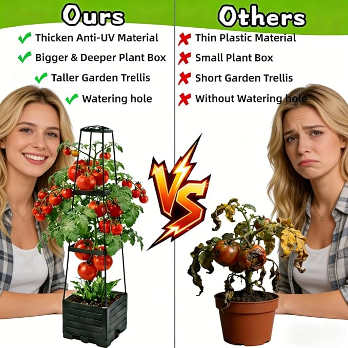 2Pcs Raised Garden Bed Tomato Planter Box with Trellis, 45 Inch Self-Watering Large Tomato Cage for Patio Garden Pots, Climbing Plants Cucumber Vine Vegetables Flowers Outdoor & Indoor