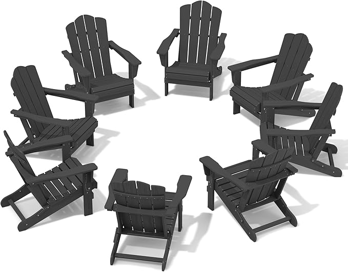KINGYES Folding Adirondack Chair Set of 8, HDPE All-Weather Folding Adirondack Chair, Grey