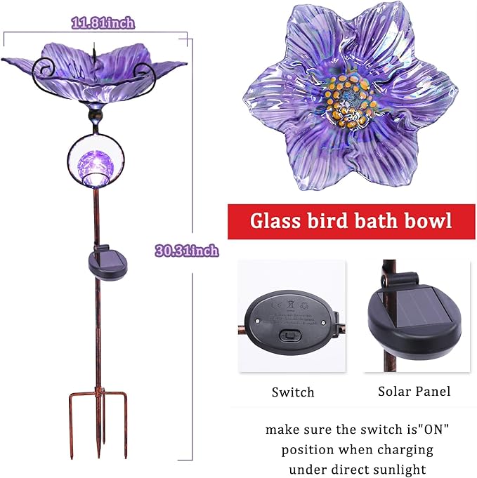 MUMTOP Glass Bird Baths for Outdoors, Flower Bird Baths Bowl with Solar Crackle Glass Globe Lights Decorations and Metal Stake for Outdoor Garden Yard Lawn Outside, Purple