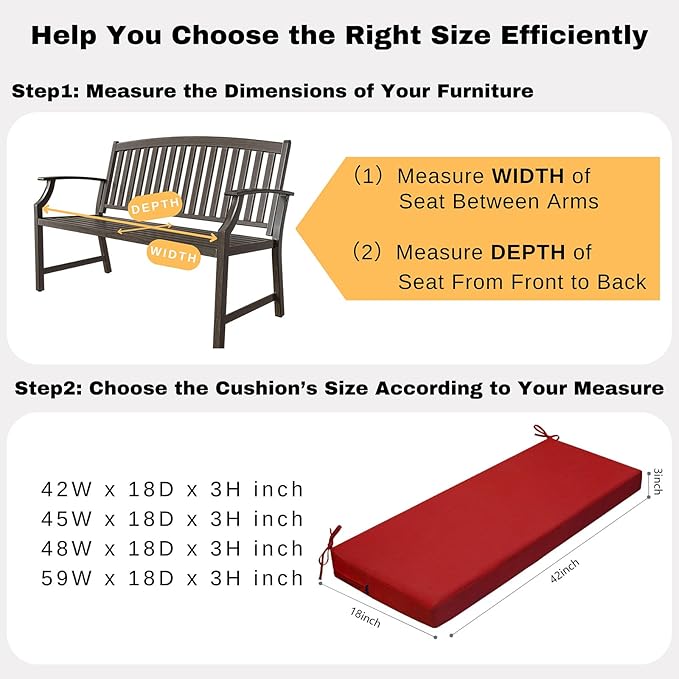 idee-home Outdoor Bench Cushion Waterproof, Bench Cushions for Outdoor Furniture, Patio Porch Swing Replacement Seat Pad with Ties for Garden Backyard, 42 x 18 Inch Red