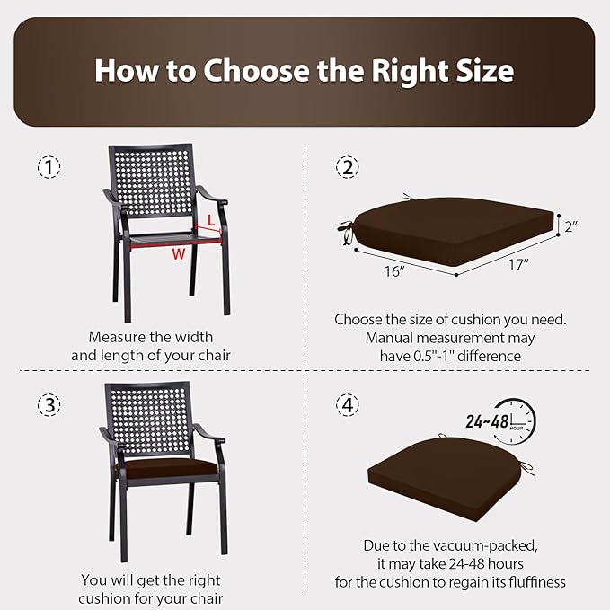 Outdoor Chair Cushions Set of 4, 17 x 16 Inch Patio Chair Cushions for Outdoor Furniture, Water Resistant, Non-Slip Ties(Dark Brown)