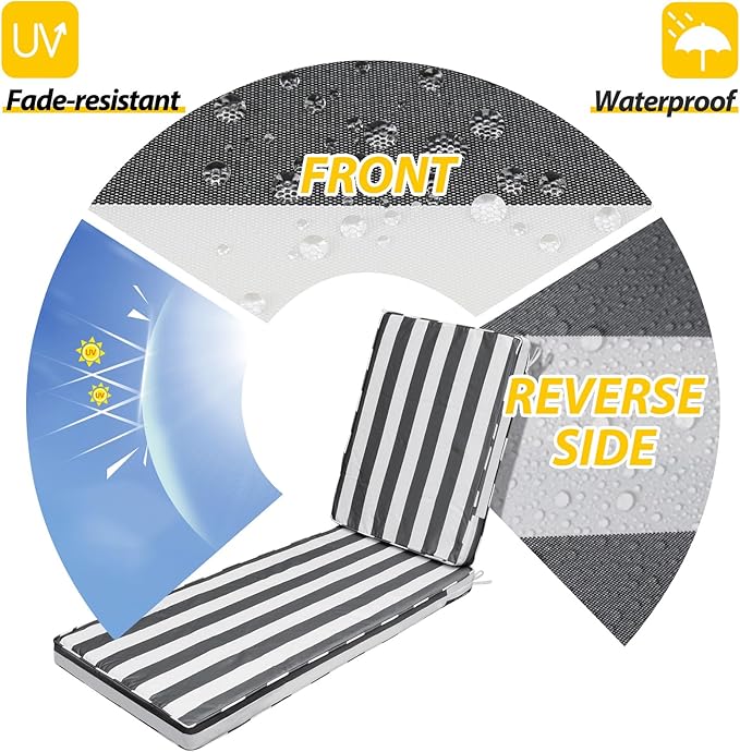 AAAAAcessories Outdoor Chaise Lounge Cushions, Fade-Resistant, Waterproof Patio Furniture Replacement Cushions, 72" x 21" x 3", Set of 2, Gray Cabana Stripe