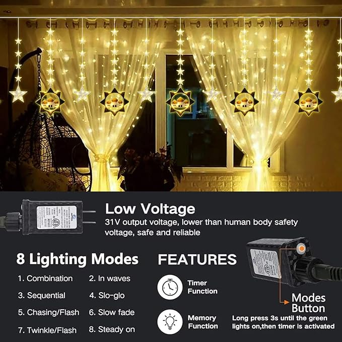 Vigdur Ramadan Star Curtain Lights, 120 LEDs Eid Mubark Castle Curtain Fairy Lights with Remote & 8 Lighting Modes, Ramadan Decoration Lights for Home Holiday Eid Decorations(10FT)