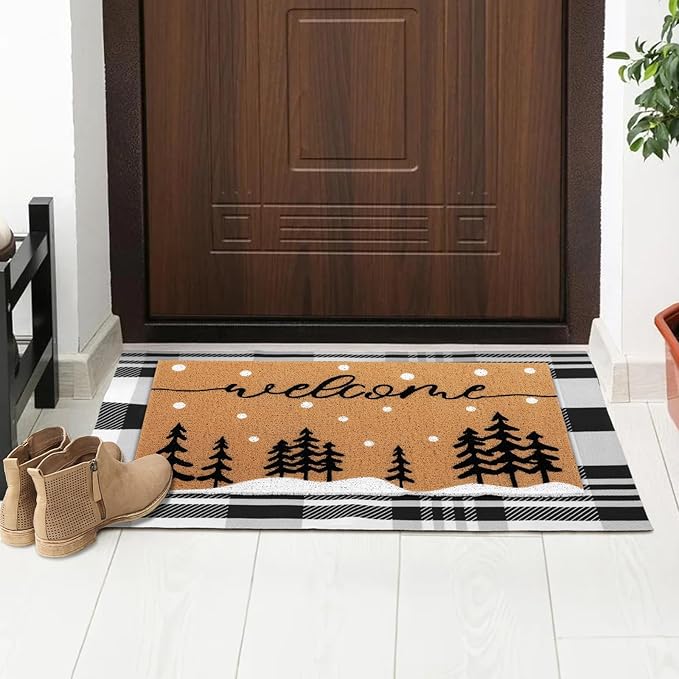 Tinideya 2 Pcs Winter Door Mat Christmas Welcome Non Slip Coir Mats Floor Layering Christmas Tree Snowy Black White Buffalo Plaid Doormats Seasonal for Front Porch Entryway Decor(Snowy Tree)