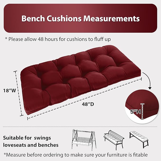 Tufted Bench Cushions for Outdoor Furniture, 48" x 18" Porch Swing Cushions Filled with Foam, Overstuffed Patio Cushions for Bench Loveseat with 2-3 Seats,Thick and Water Resistant, Burgundy