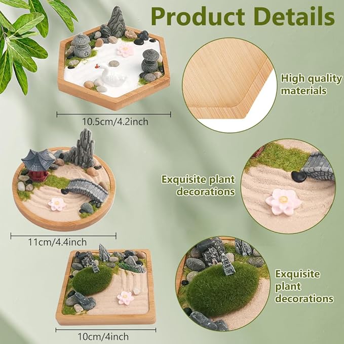 WEBEEDY 3 Sets Mini Zen Garden Kit Sand Tray Kit Japanese Sand Garden for Desktop with Bamboo Tray,Mini Rock Garden Gift Set for Home Office Desk Beautiful Japanese Decor Relaxation Meditation
