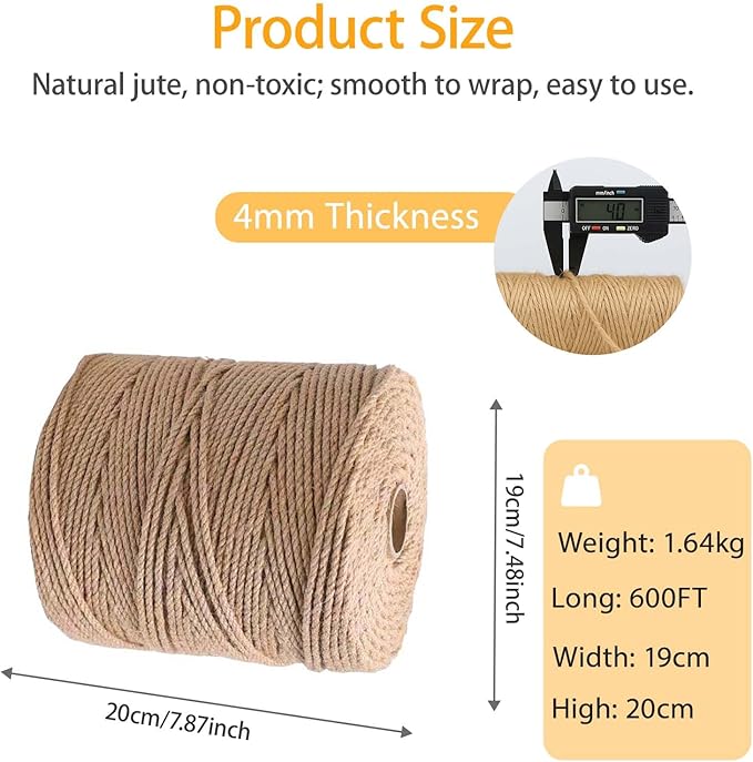 Natural Sisal Rope for Cat Scratcher, Durable Jute Twine for Cat Tree and Scratching Post Repair, Replacement Rope for Cat Tree, Cat Climbing Rope 4mm x 600ft