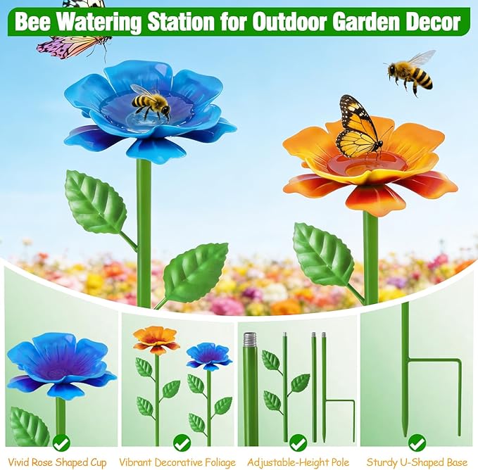 2 Pack Bee Watering Station, Metal Bee Water Station with Flower Design Colorful Butterfly Bath Bowl Drinking Feeder Cups for Outdoor Garden Yard Decor (Blue,Yellow)