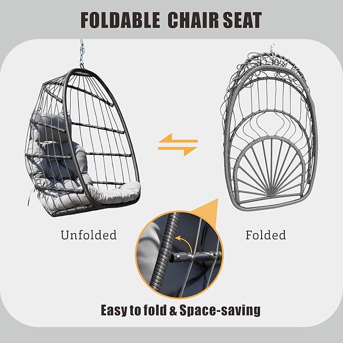 HWB Hanging Egg Chair with Stand, Patio Wicker Egg Swing Chair with Cushion for Bedroom Garden Indoor Outdoor (Grey)