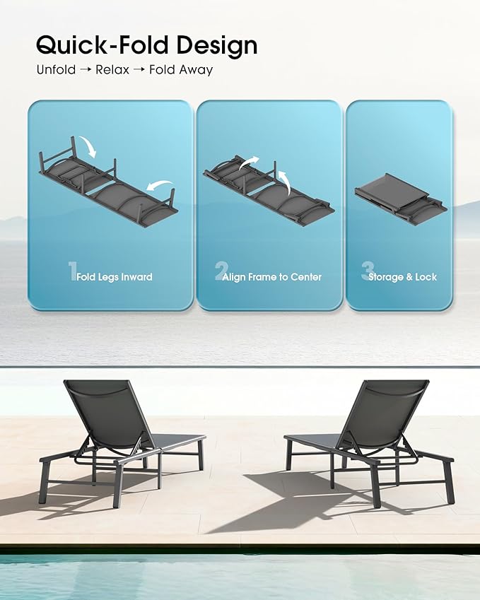 Ciokea Foldable Outdoor Lounge Chair, No Assembly Patio Chaise Lounge Outdoor with 5-Positions, Aluminum Pool Lounge Chair with Portable Design for Pool, Beach, Deck, Backyard, Grey