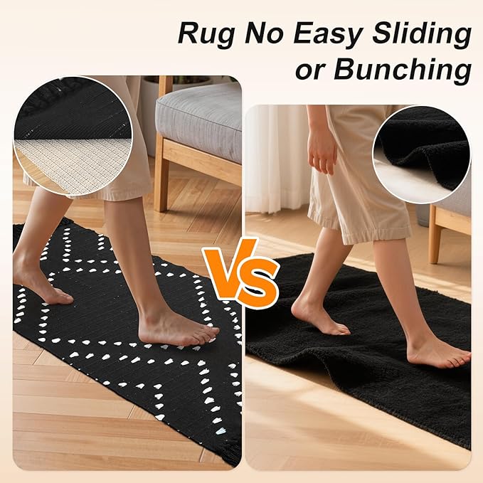 LIVEBOX Boho Black Kitchen Rug Non Slip, Washable Bathroom Runner Rug and Pad Gripper, Laundry Room Cotton Blend Woven Carpet Mat with Tassels (Set of Black Rug + Non Slip Pad, 2' x 4.3')