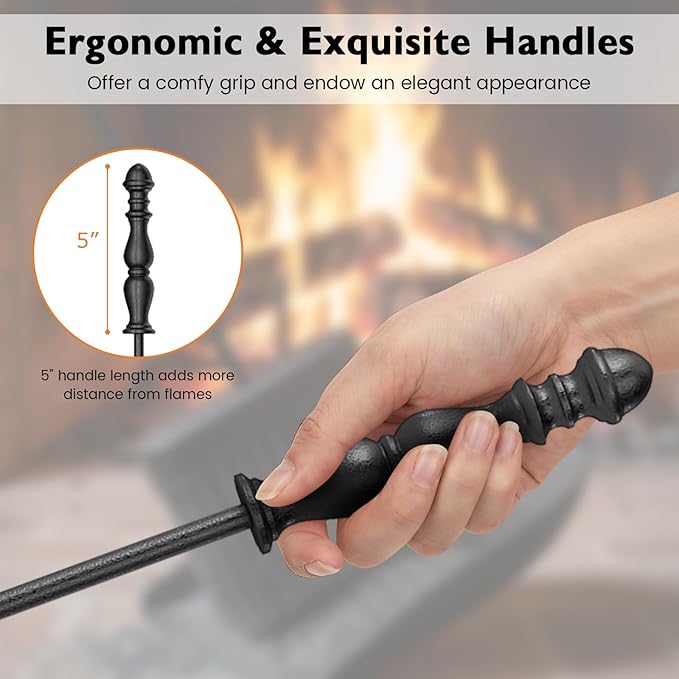 Tangkula 5-Pieces Fireplace Tool Set, 4-in-1 Indoor Outdoor Fire Place Set Tools with Poker, Tongs, Brush, Shovel and Round Stand, Metal Firepit Tool Set with Aluminum Handles, Black
