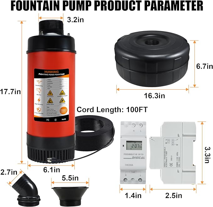 H1 Pond Fountain Aerator 750W 1HP - 16000 GPH Floating Aerating Pump with Timer, 110V-120V/100FT Power Cord/2 Nozzles Outdoor Water Circulation Jet System for Large Ponds, Lakes, Water Gardens