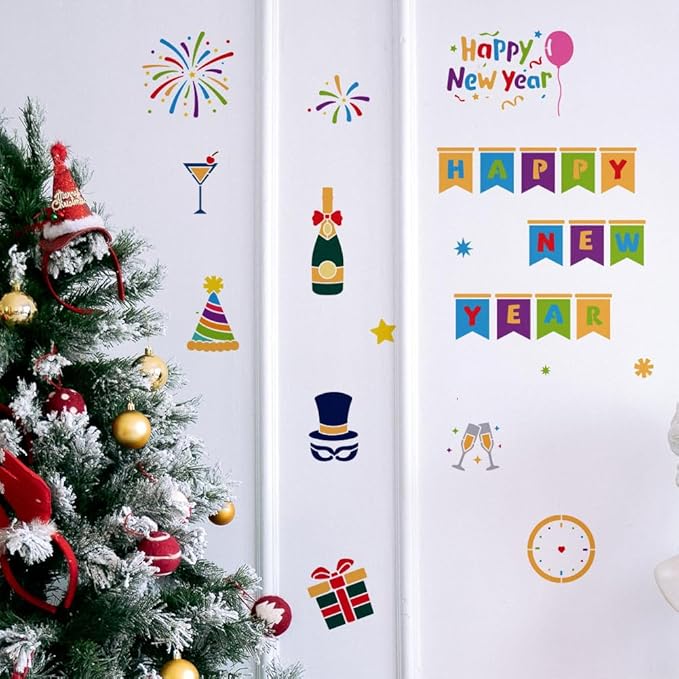 MAYJOYDIY 3pcs Happy New Year Fireworks Stencil Christmas Fireworks Templates 11.8×11.8inch with Paint Brush Reusable Party Theme Painting Stencils for Crafts and Home Decor