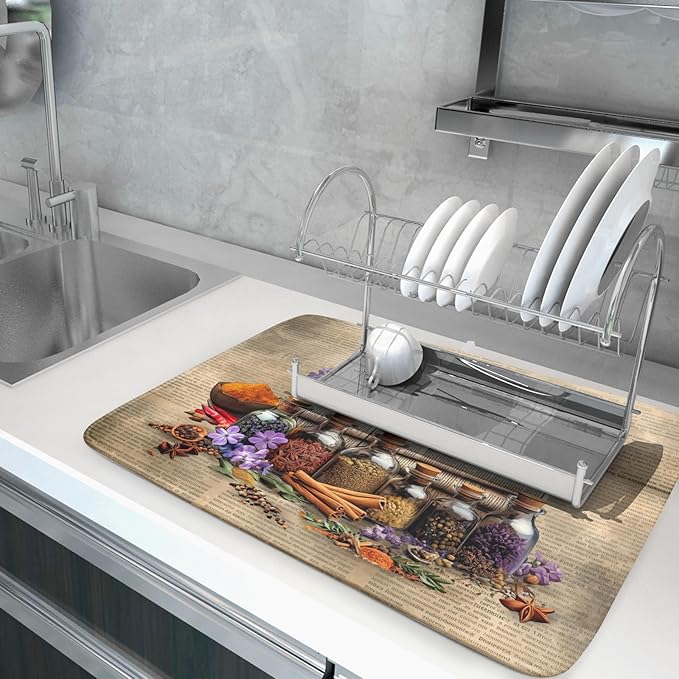 Herbs Kitchen Dish Drying Mat - Spice Bottle Absorbent Microfiber Dish Rack Mat Drying Pad 18 X 24 In