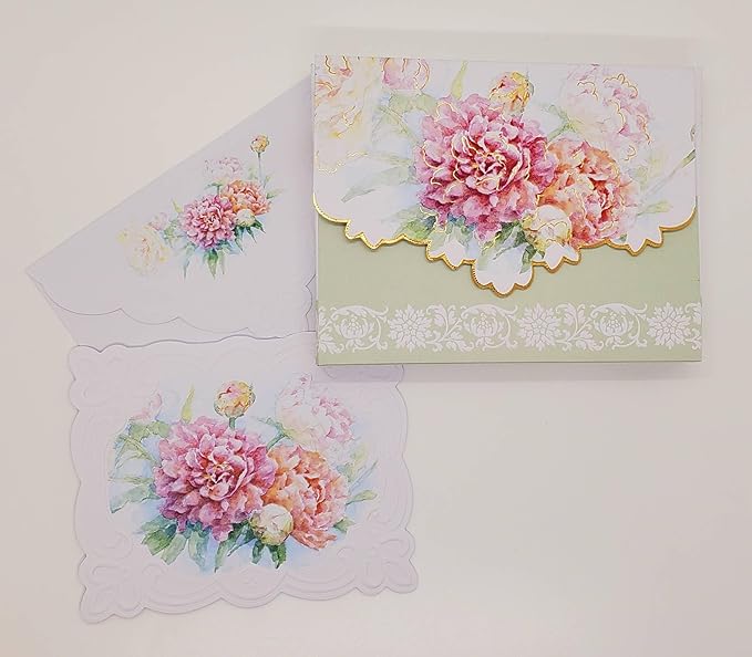 Poster Foundry Peony Mix Portfolio Boxed Note Cards by Carol Wilson. 10 embossed 4x5 Die-Cut Notecards and Matching Envelopes in Decorative Gift Box with Magnetic Flap. NCP2349
