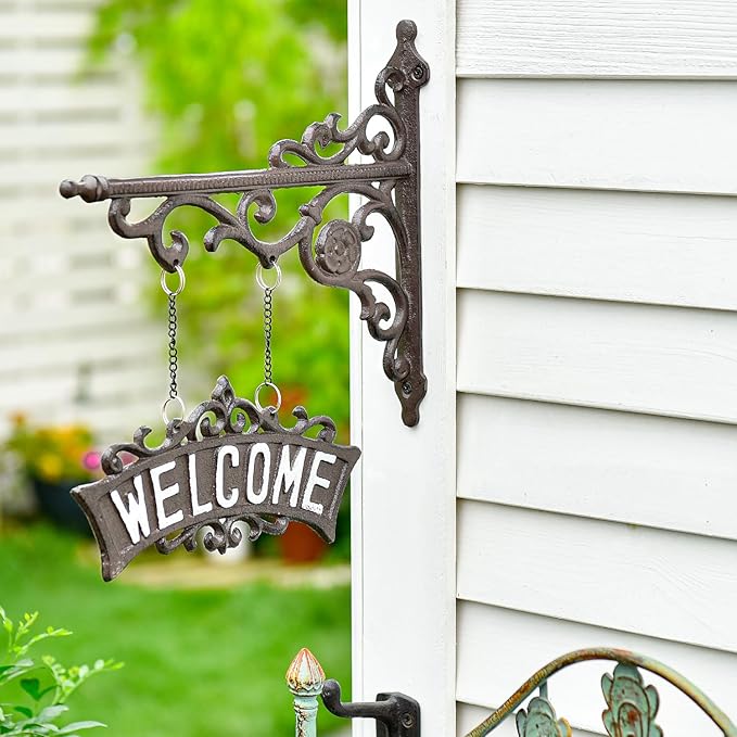 Sungmor Vintage Cast Iron Hanging Welcome Sign, Ornate Wall Bracket Hanger Outdoor Welcome Plaues, Rustic Wall Mounted Front Door Hanging Sign, Decorative Garden Yard Sign