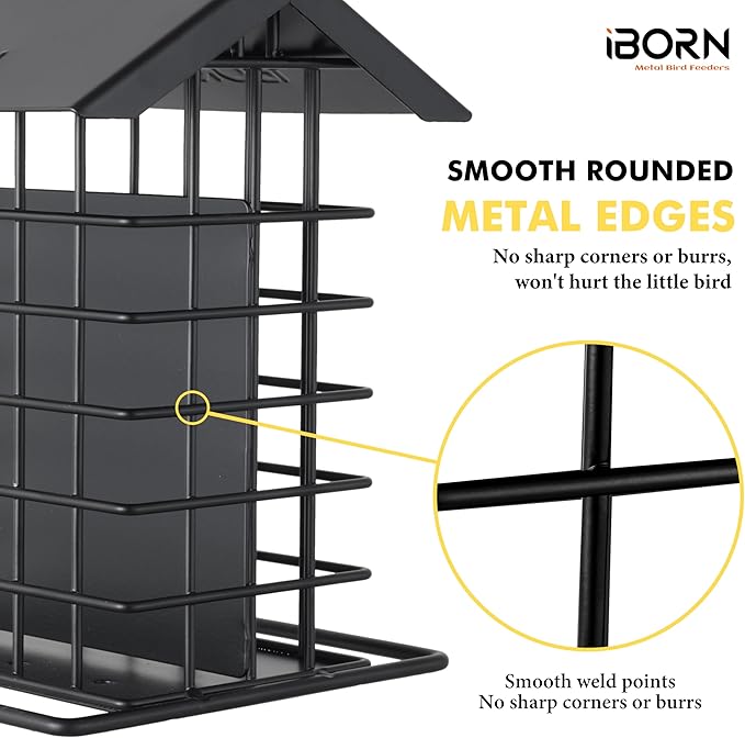 iBorn Suet Feeder for Outside Hanging,Suet Bird Feeders for Outdoors,Suet Holder With Squirrel Proof Hanger Hook,Suet Cage Bird Feeders,Woodpecker Feeder,Weatherproof Metal Roof,All Metal,1 Pack,Black
