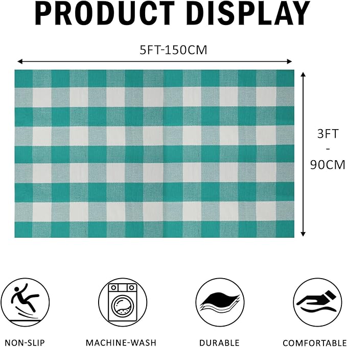 SEEKSEE Buffalo Plaid Outdoor Rug 3'x5' Light Blue and White Checkered Area Rug Washable Doormat Cotton Boho Bedroom Rug for Kitchen Entryway Hallway Front Door Farmhouse Living Room