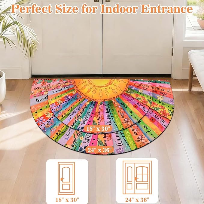 Likiyol Sun Door Mat Indoor Entrance, Inspirational Quotes Welcome Mat Half Circle Front Door Mats, Colorful Floral Non Slip Boho Doormat Outdoor Indoor Entrance, Low Profile, Absorbent, 18" x 30"