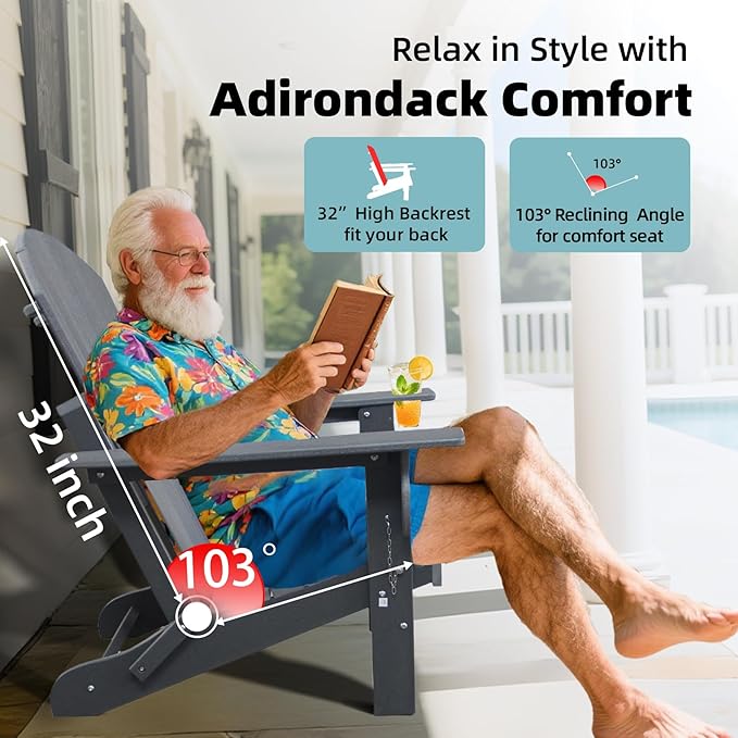Fire Pit Chairs, HDPE Folding Adirondack Chairs Weather Resistant, Composite Foldable Adirondack Patio Chair with Cup Holder and Umbrella Hole, Grey