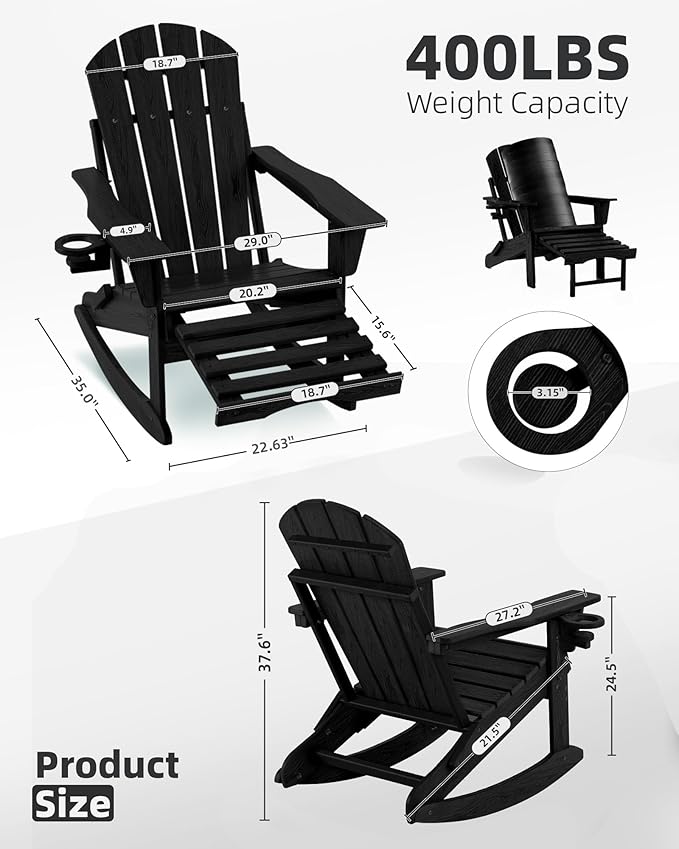 Folding Adirondack Rocking Chair Set of 4,4-in-1 Multifunctional Patio Chairs with Retractable Ottoman, Outdoor Chairs Wood Texture, Lawn Chair for Porch, Backyard, Pool(Black)