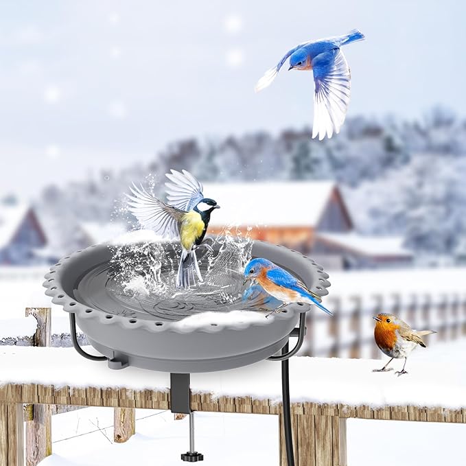 Heated Bird Baths for Outdoors, Upgraded 100W Thermostatically Controlled Heated Bird Bath for Deck Railing Large Capacity Heated Birdbath for Outside Winter Garden Yard Patio Lawn (Grey)