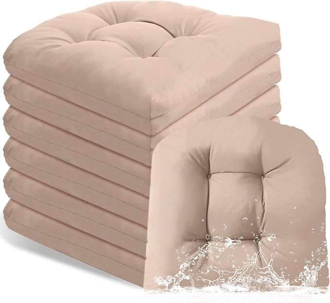 Thyle Outdoor Chair Cushions Set of 6 Waterproof Sun Protection Square Tufted Overstuffed Patio Furniture Seat Cushion for Patio Furniture Dining Indoor 19" x 19"(Khaki)
