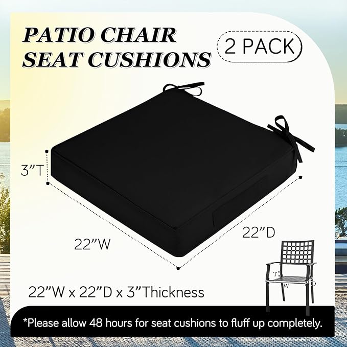 Waterproof Outdoor Chair Cushions Set of 2, Square Outdoor Seat Cushions with Ties and Removable Covers, 22 x 22 Outdoor Cushions for Patio Furniture with Portable Handle(Black)