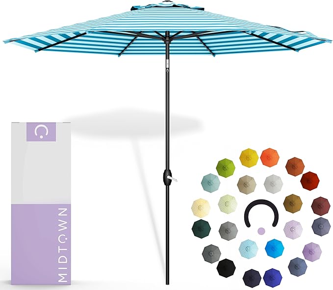 Midtown Umbrellas - 10-Year-No-Fade 6 Ft Patio Umbrella with Terylast Fabric, Auto-Tilt Aluminum Frame and 8 Reinforced Ribs for Deck, Pool, Garden & Beach - Blue/White Stripes Canopy, Black Pole