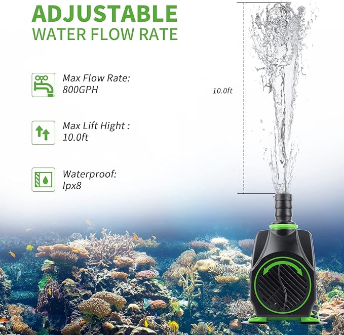 FREESEA Fountain Submersible Water Pump: 800GPH 45W Adjustable Small Pond Pump with 5ft Tubing Hose and 3 Nozzles 10ft High Lift for Outdoor | Hydroponics | Waterfall | Aquarium | Fish tank