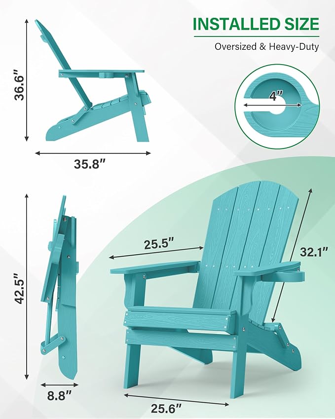 YEFU Adirondack Chair, Oversized Plastic Adirondack Chair Folding Outdoor Chairs with Cup Holder, Lawn Chair with Weather Resistant for Outside Deck Lawn Garden, Weight Capacity Up to 400 Lbs –Aruba