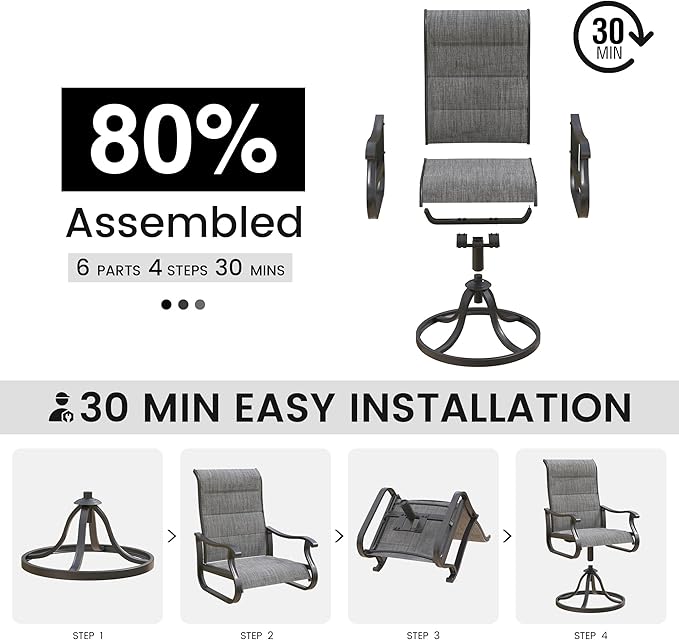 Patio Swivel Chairs Set of 2, Outdoor Dining Chairs with High Back, All-Weather Swivel Rocker Chair for Lawn, Porch or Garden (Padded Dark Grey)