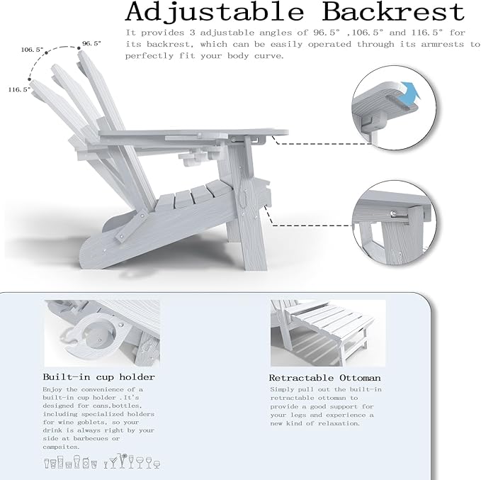 Folding Adjustable Adirondack Chairs with Ottoman & 1 Cup Holders Set of 2, HDEP Multifunctional Adirondack Chair with Footrest,White