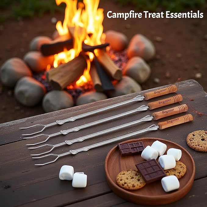 Smores Sticks, Marshmallow Sticks for Fire Pit, 30" Long Extendable Heavy Duty Roasting Sticks for Hot Dogs Vegetables S'mores over Campfire, 4 Pack