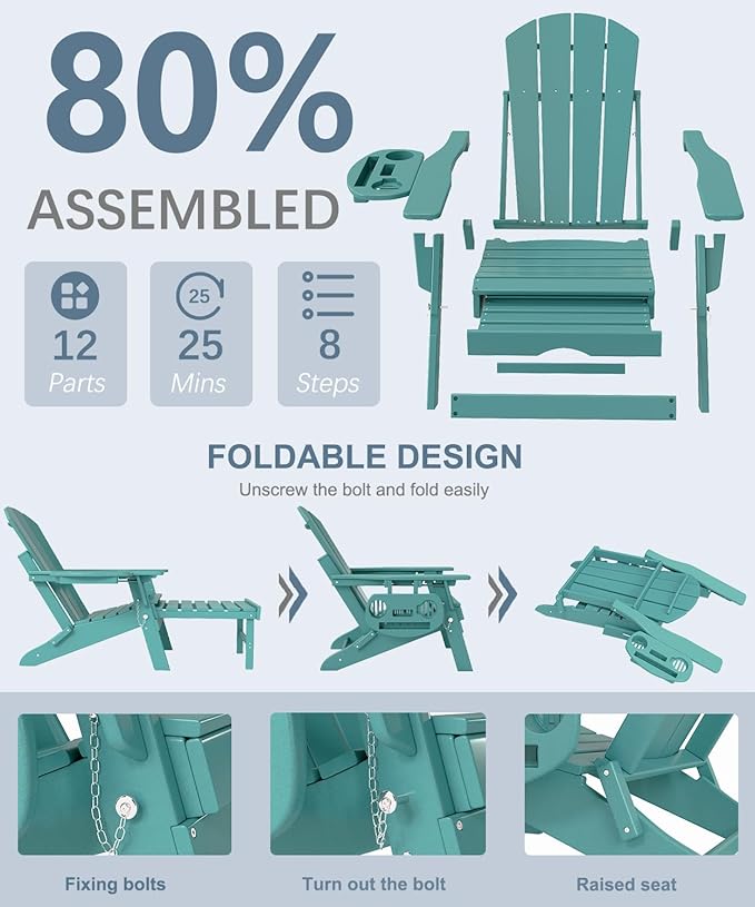 Adjustable Adirondack Chair with Retractable Ottoman Set of 8, HDPE Folding Adirondack Chair with Cup Holder, All Weather Fire Pit Chair for Outdoor.