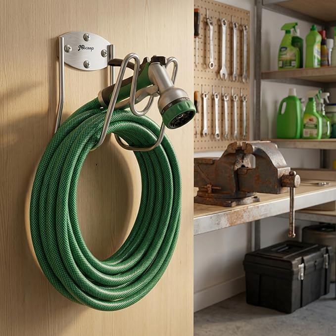 JBscoop Stainless Steel Garden Hose Holder Wall Mount – Silver SUS304 Hose Hanger for Indoor & Outdoor Use