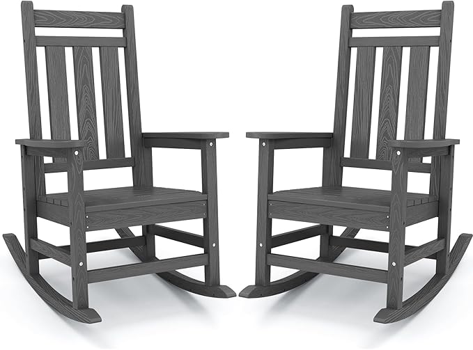KINGYES Outdoor Rocking Chair Set of 2, All-Weather Patio Rocking Chairs for Porch, HDPE Rocking Outdoor Chairs with High Back for Adult, Heavy Duty Outdoor Patio Rockers for Garden, Lawn, Gray