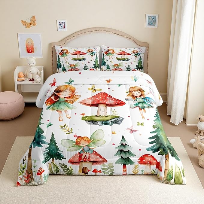 Erosebridal Mushroom & Fairy King Bedding Set - Butterfly Comforter Set for Kids Girls, Whimsical Fairies Garden Quilt | Forest Themed Butterflies Bedroom Decor with 2 Pillowcases