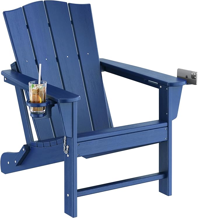 Yaheetech Folding Adirondack Chair Outdoor, HDPE Weather Resistant with Cup/Mobile Phone Holder for Deck, Patio, Pool, Backyard, 380lb Weight Capacity, Easy Assembly, Navy Blue