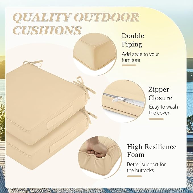 Waterproof Outdoor Chair Cushions Set of 2, Square Outdoor Seat Cushions with Ties and Removable Covers, 22 x 22 Outdoor Cushions for Patio Furniture with Portable Handle(Beige)