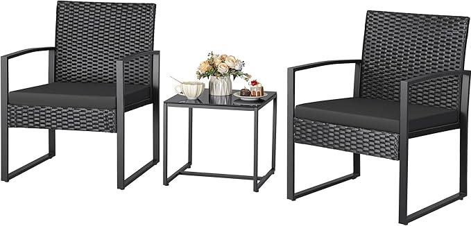Greesum 3 Piece Wicker Conversation Bistro Sets Outdoor Patio Set Modern Rattan Chair Furniture Sets with Coffee Table for Yard Garden Porch Lawn (Black)