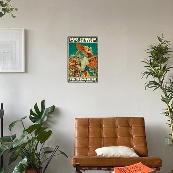 Garden Vintage Sign "You Don't Stop Gardening When You Get Old Metal Tin Sign Garden Signs Tulip Girl For Home Outside Farm living room vintage tin sgin wall decor (20cm*30cm) (6)