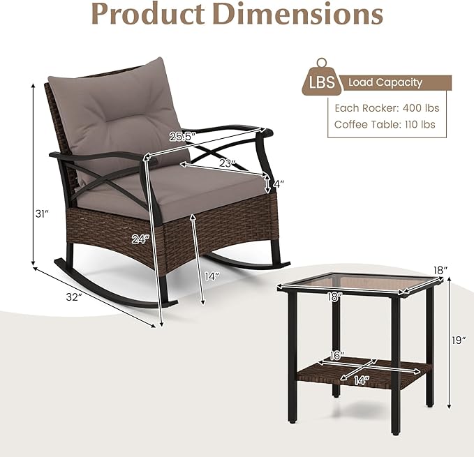 Tangkula 3 Pieces Outdoor Rocking Chairs Set, Rattan Heavy Duty Cushioned Rocker Chairs with 2-Tier Tempered Glass Coffee Table, for Garden, Balcony, Backyard