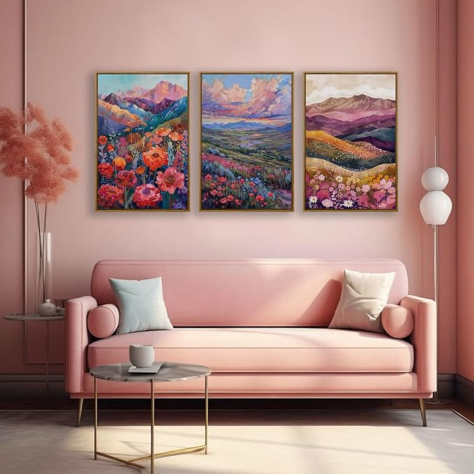 QTUSYUR Watercolor Wildflower Wall Art - Large Farmed Country Landscape Art Print - Colorful Mountain Floral Canvas Artwork for Farmhouse Living Room- Abstract Flower Painting for Home Decor 16”×24”×3