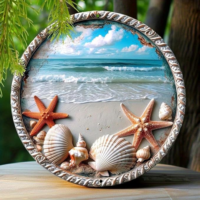 Metal Retro Shell Gasoline Wall Art, Creativity Art Decorations, Garden Sign Outside Decor，Wall Sculpture， Hanging Sculpture for Living Room Dining Room Bedroom Yard Outdoor Decor (Starfish and Shells)