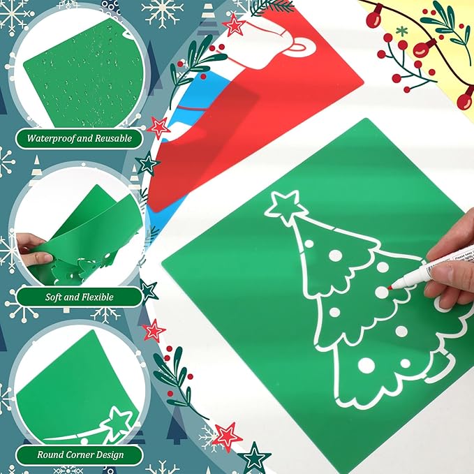 Henoyso 24 Pcs Winter Stencil Set 8 x 8 Inch Plastic Snowflake Drawing Painting Templates Assorted Stencils Reusable for Holiday Winter Themed Kids Painting on Wood Scrapbook DIY Art Crafts